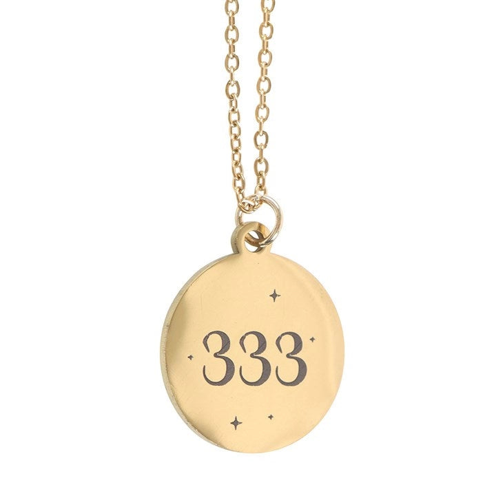 Gold 333 Angel Number Necklace engraved with 333, symbolising divine love, suppor and guidance.