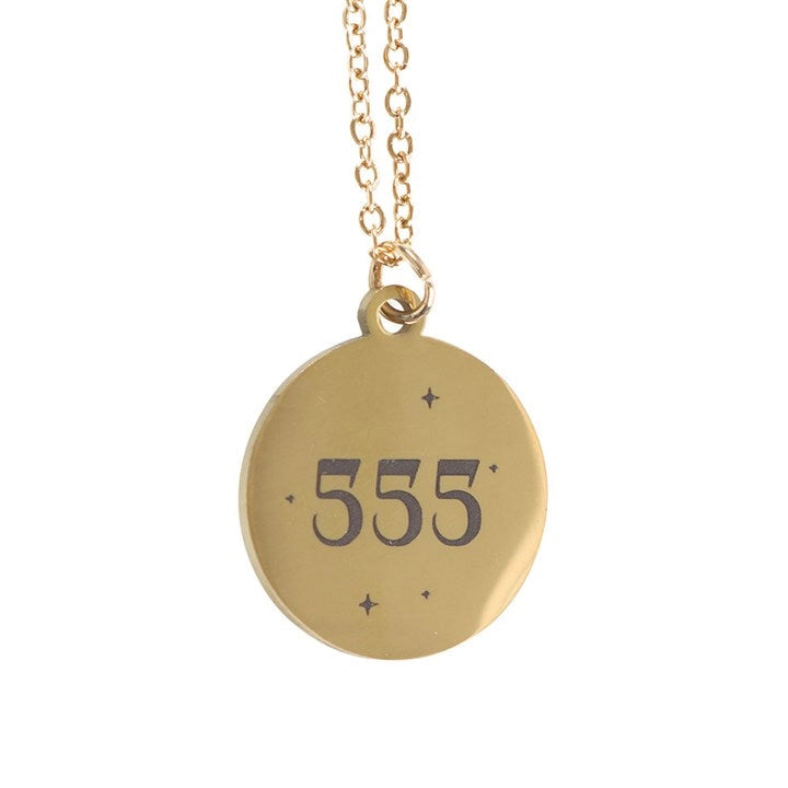 Gold 555 Angel Number Necklace engraved with 555, symbolising change, growth, and new beginnings.
