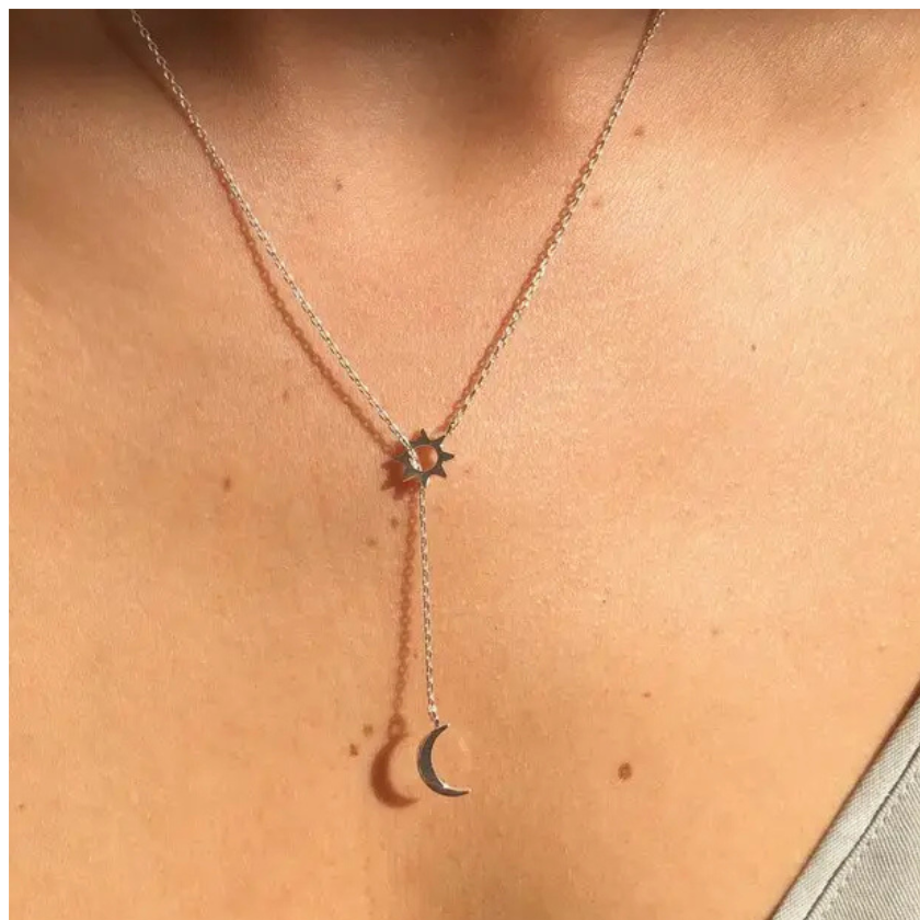 Moon + Star Lariat Necklace | Silver