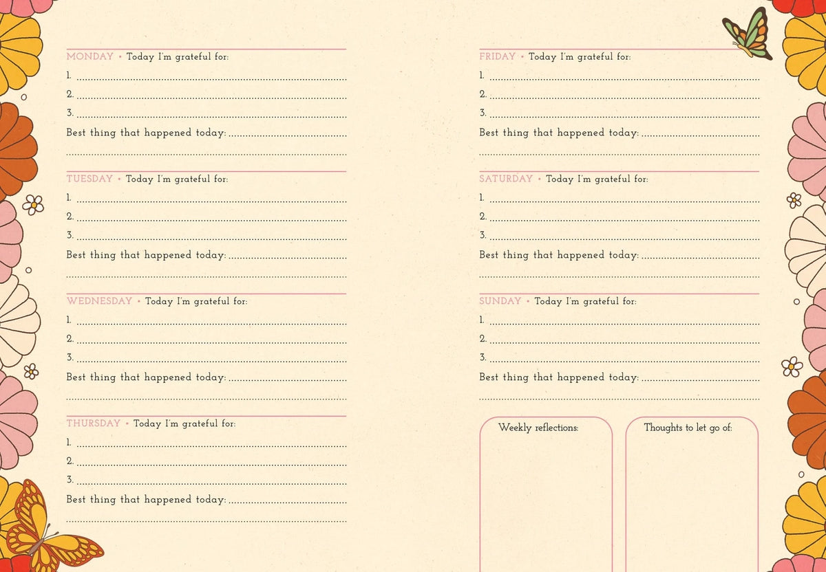 Inside page of Daily Gratitude Journal showing mindful goddess artwork and weekly gratitude prompts