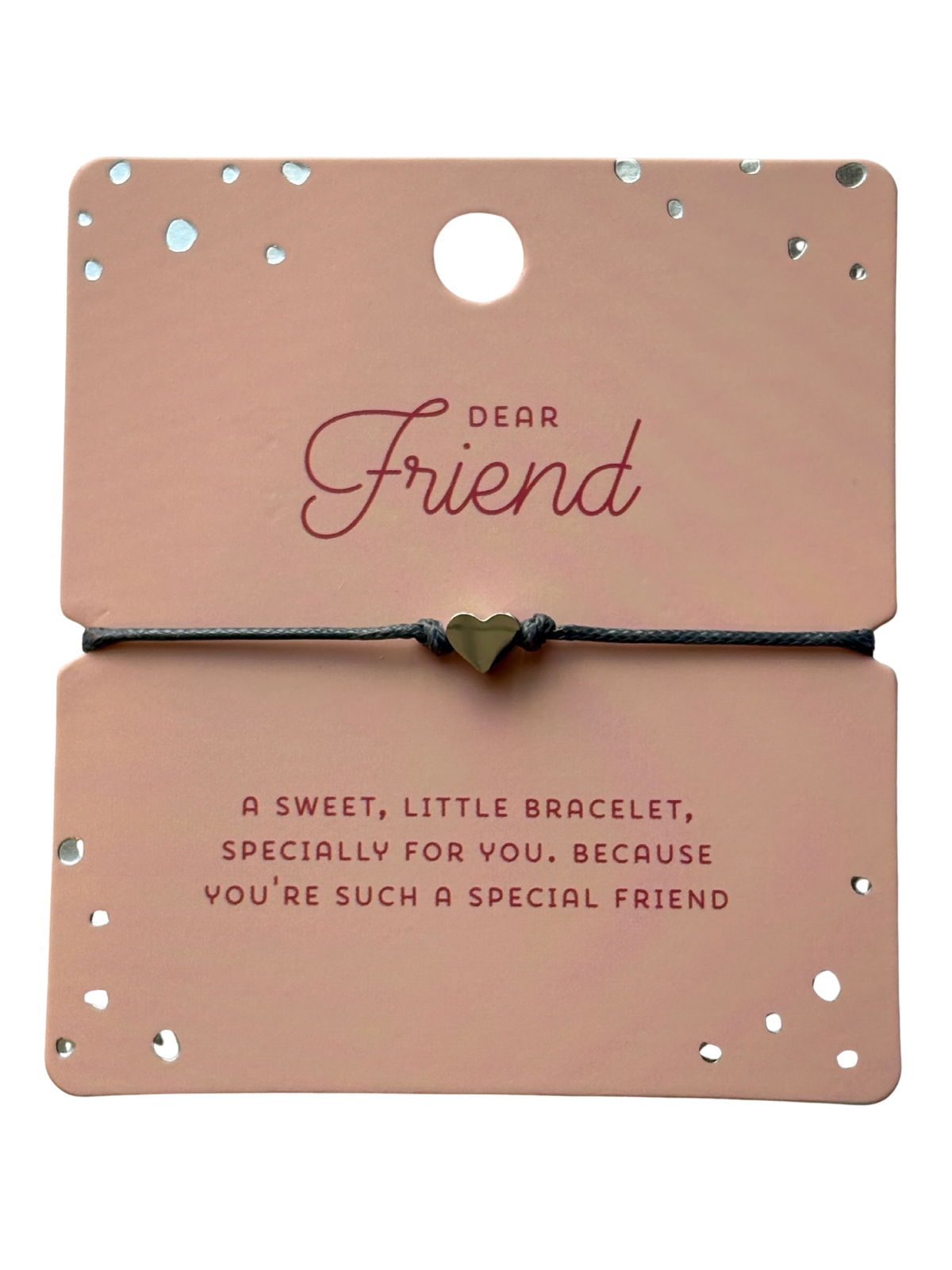 Dear Friend string bracelet with heart charm on peach card