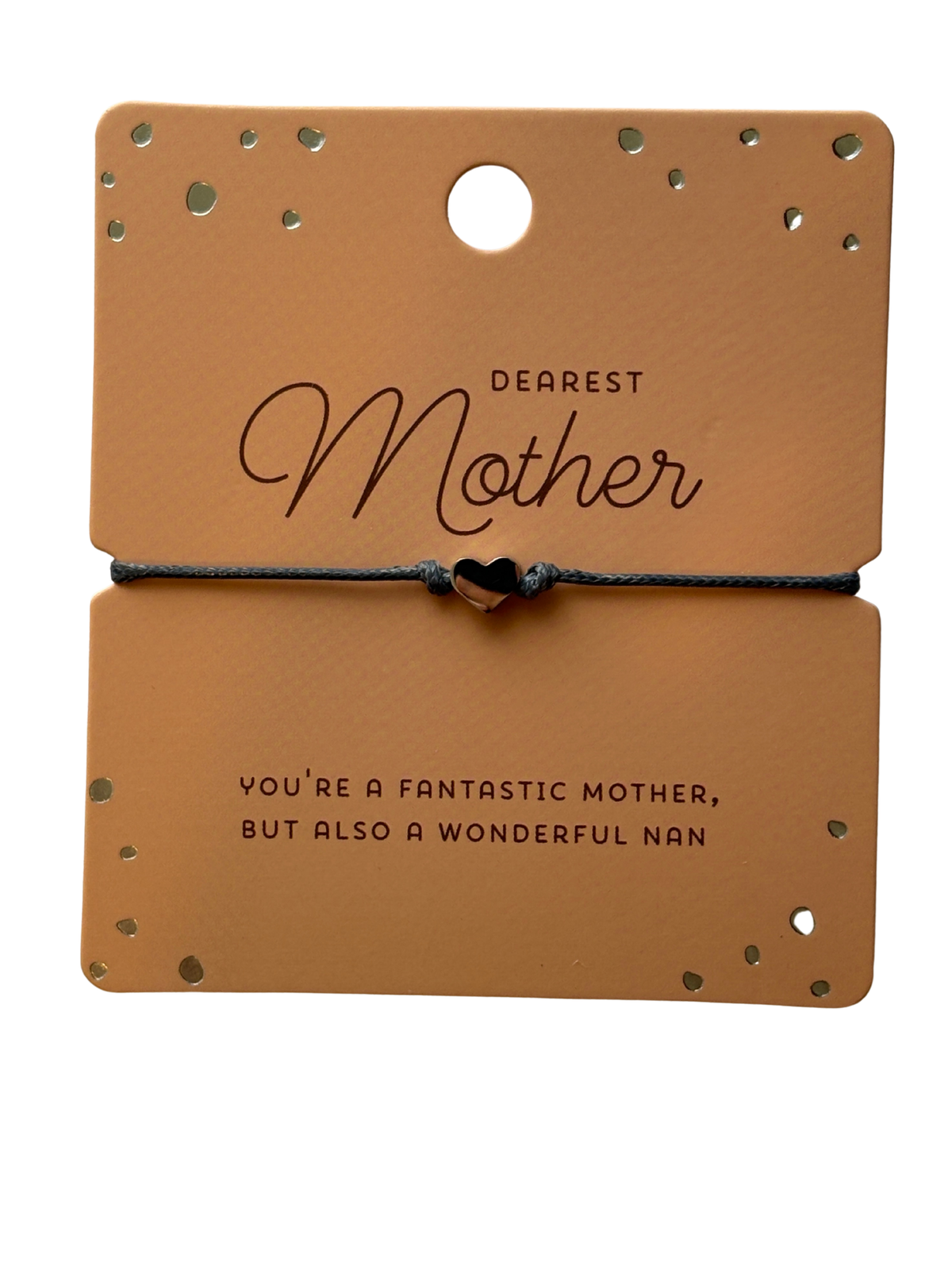 Dearest Mother string bracelet with heart charm on message card