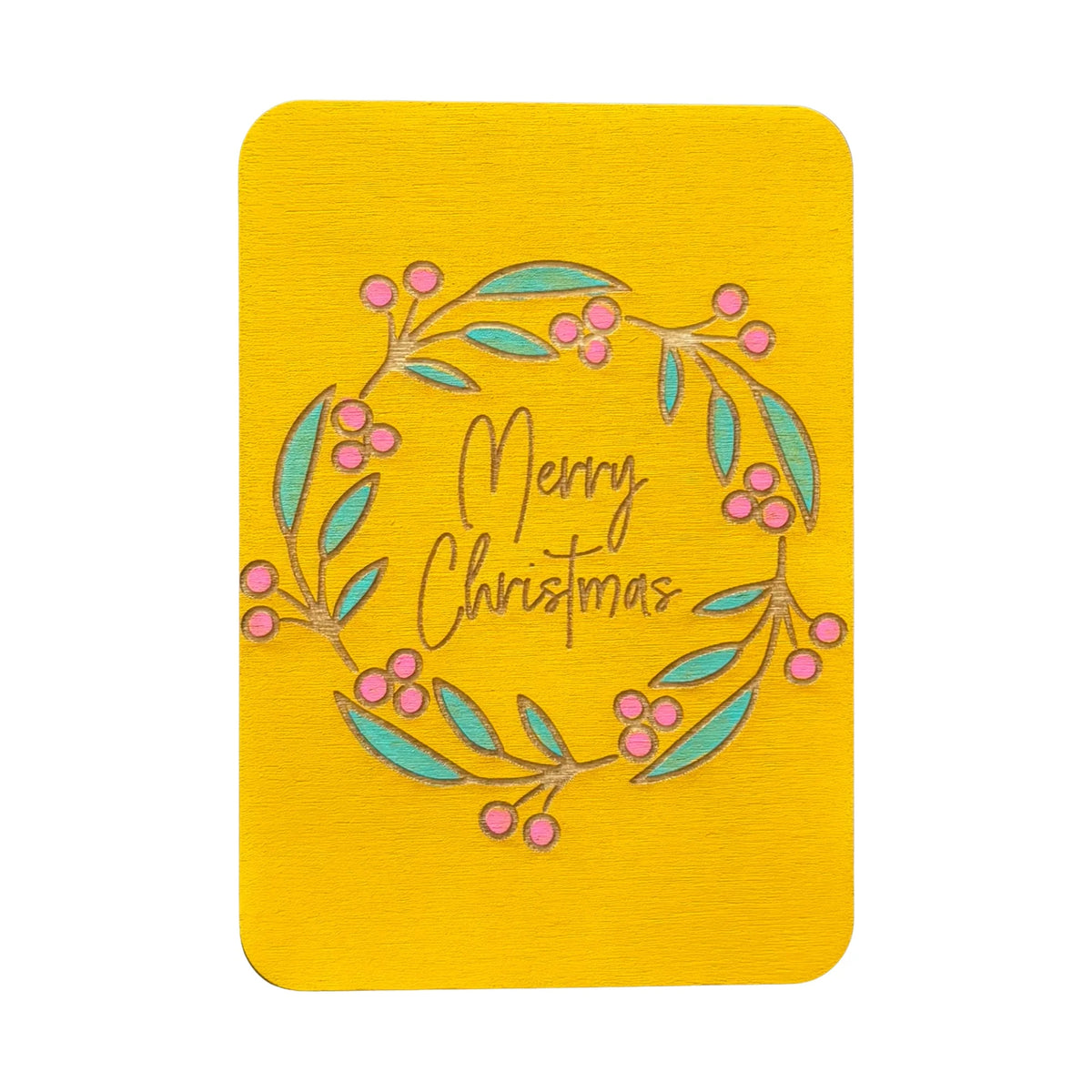Merry Christmas Wreath wooden greeting card handmade in Australia with envelope and wooden stand