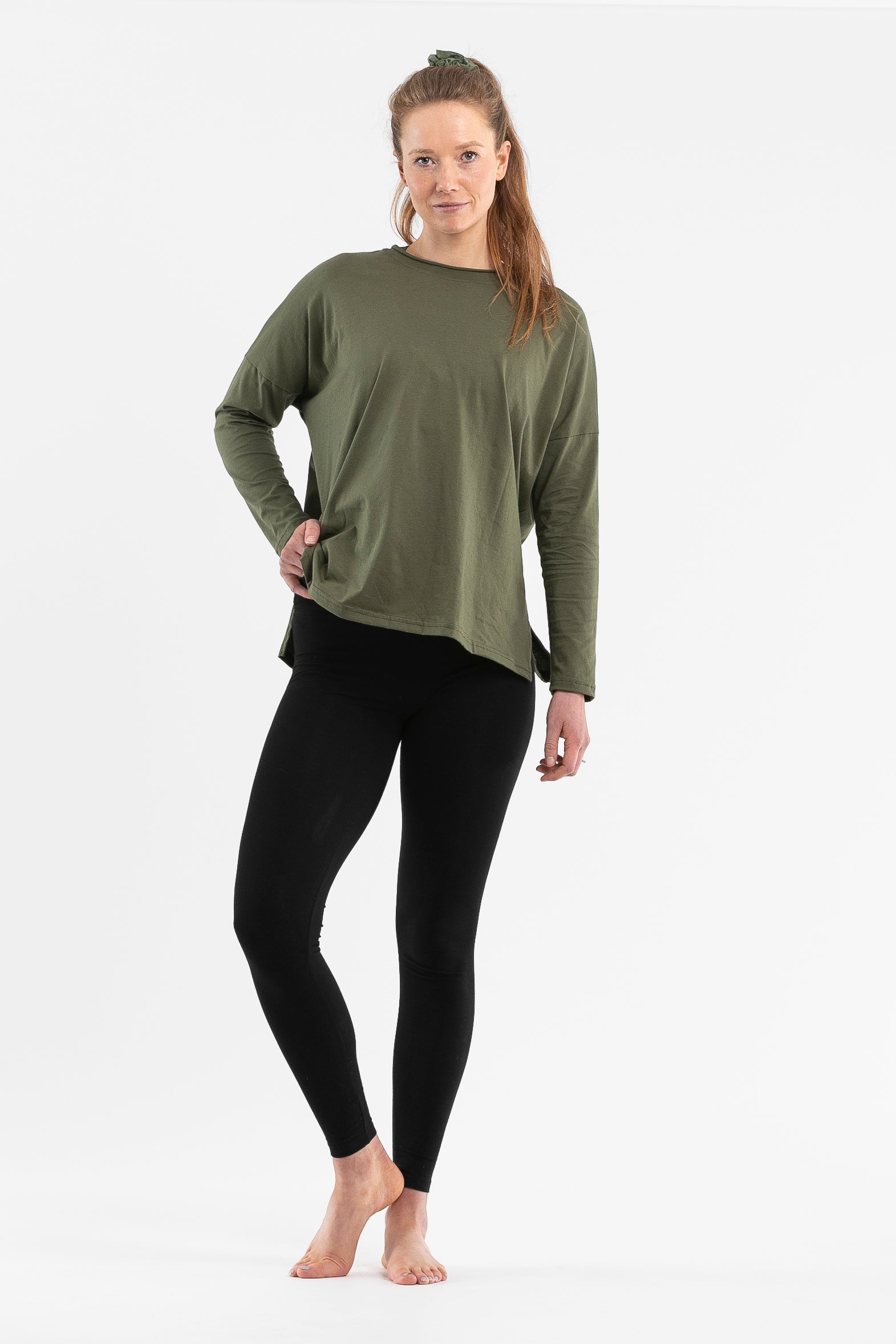 Khaki Organic Cotton Long Sleeve Yoga Shirt | Luna & Soul