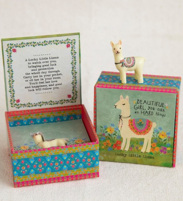 Llama token  in floral gift box with mini resin llama figurine — a mindful good luck gift from Luna & Soul.