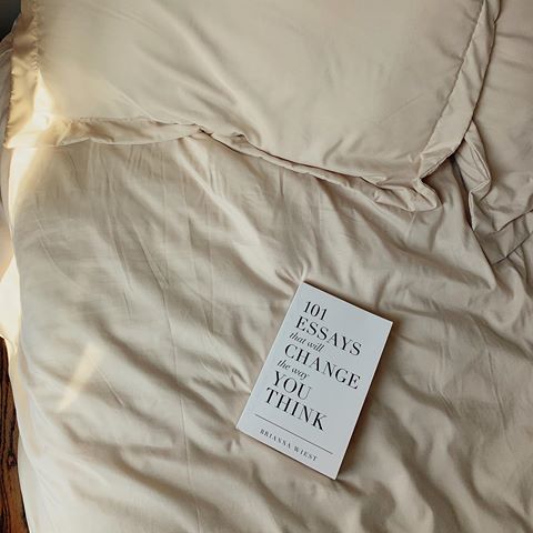 The book 101 Essays That Will Change the Way You Think resting on soft beige bedding in warm morning light.