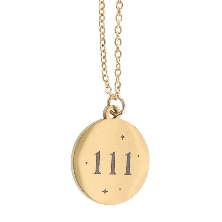 Close-up of gold 111 Angel Number Necklace engraved with 111 symbolising intuition and spiritual guidance.