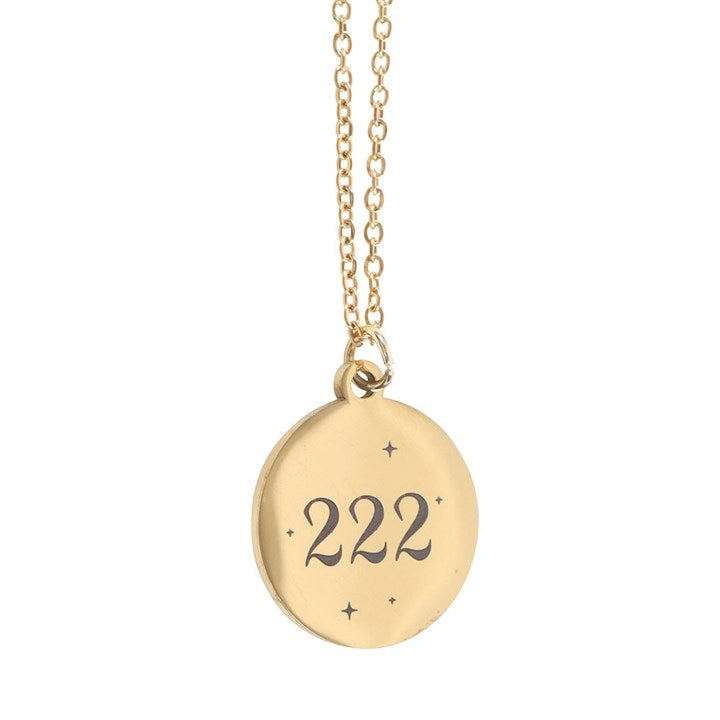 Gold 222 Angel Number Necklace engraved with 222, symbolising balance, harmony, and divine timing.