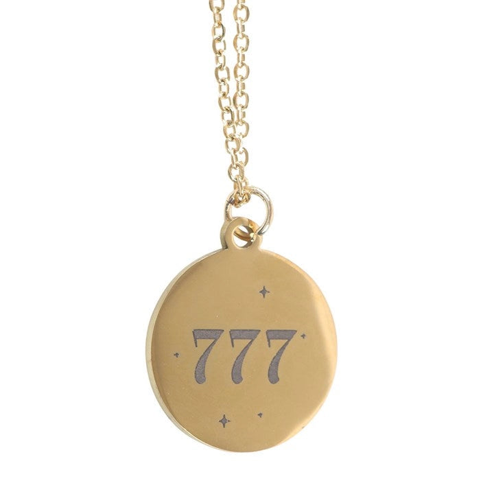 Gold 777 Angel Number Necklace engraved with 777, symbolising luck, abundance, and divine timing.