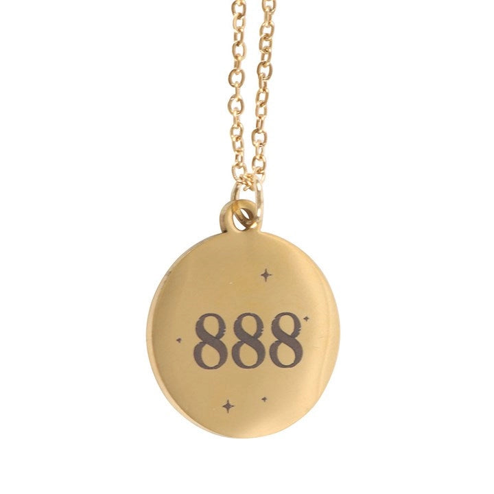 Gold 888 Angel Number Necklace engraved with 888, symbolising abundance, harmony, and prosperity.