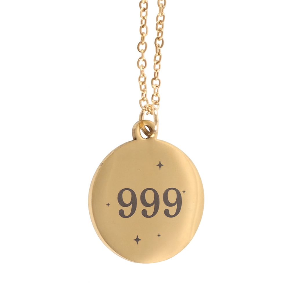 Gold 999 Angel Number Necklace engraved with 999 symbolising completion and transformation and new beginnings.