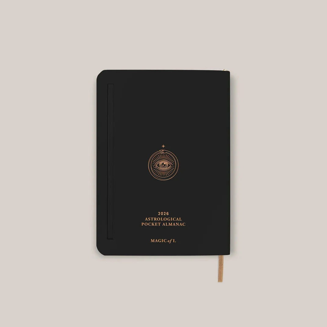 Back cover of the 2026 Astrological Pocket Planner Almanac &amp; Guidebook in black with gold detailing