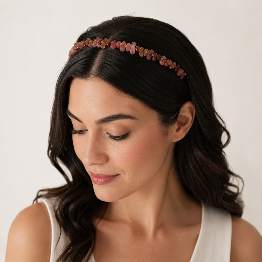 Wpman wearing Luna and Soul Strawberry Quartz crystal chip headband 