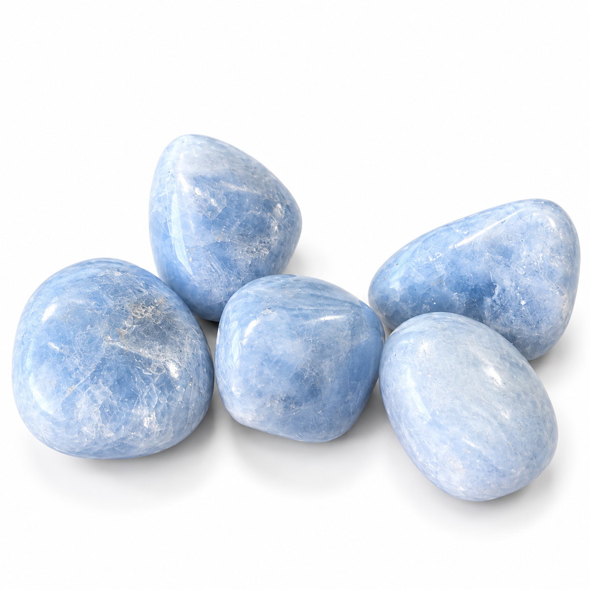 Blue Calcite tumble stone with soft blue colouring.