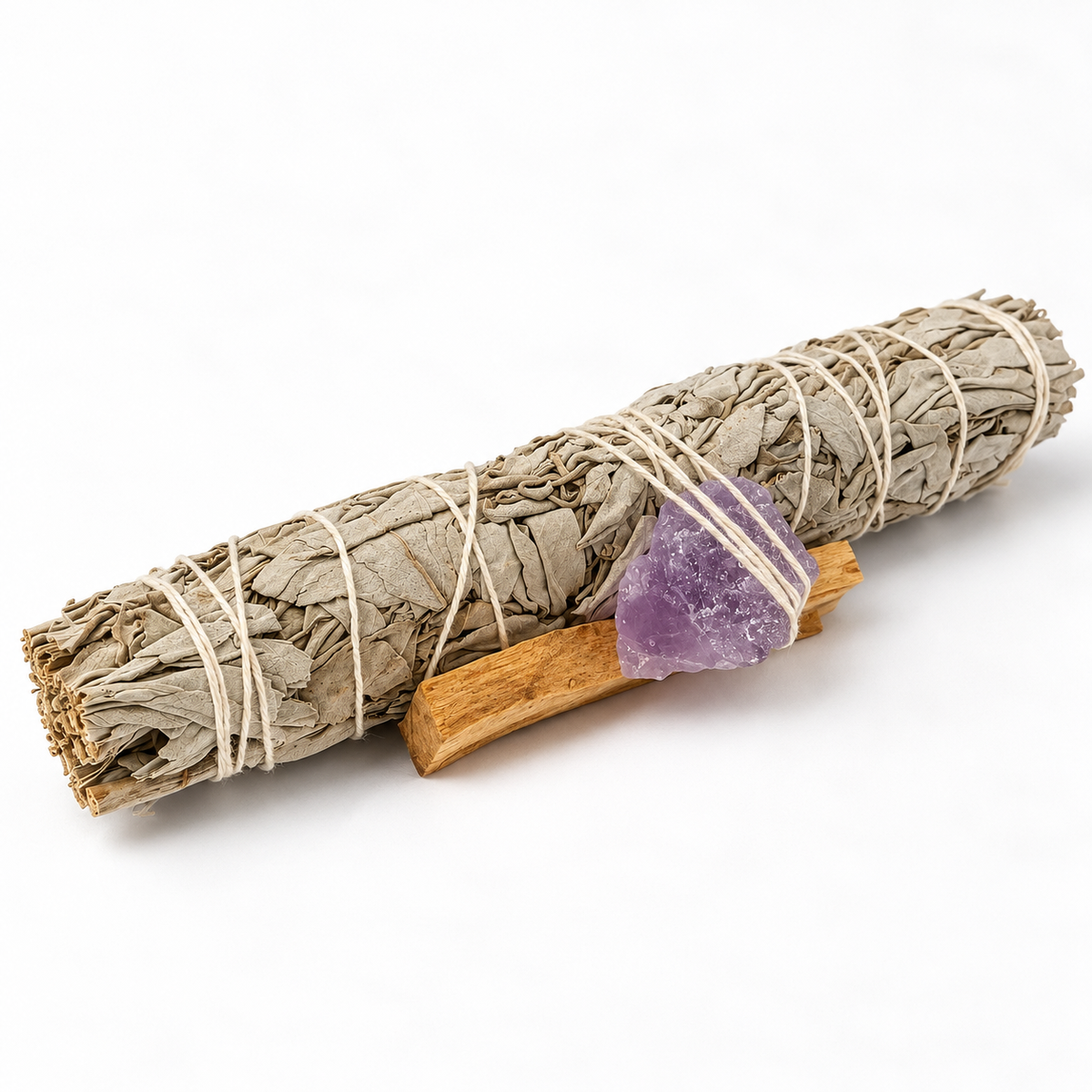 Large White Sage smudge stick kit with approximately 22 cm sage, Palo Santo wood and a purple Amethyst crystal, tied together with white string.