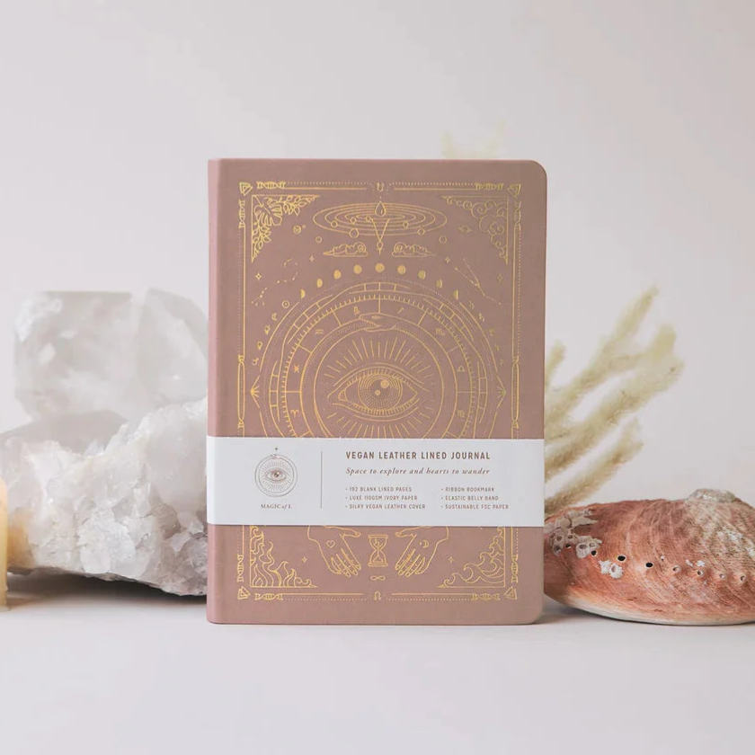 A5 Origins Vegan Leather Journal in Mushroom – celestial embossed gold cover.