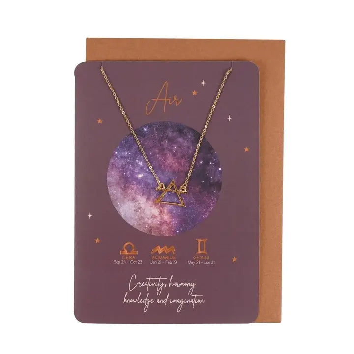 Air sign necklace for Gemini, Libra, and Aquarius on matching astrology greeting card with envelope