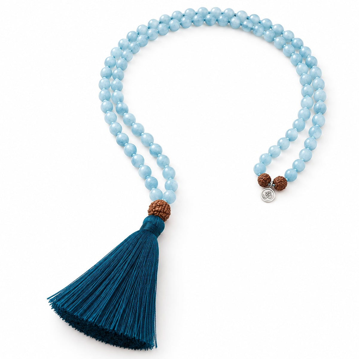 Handmade Aquamarine and Rudraksha mala necklace with 108 beads and a silver plated AUM charm.