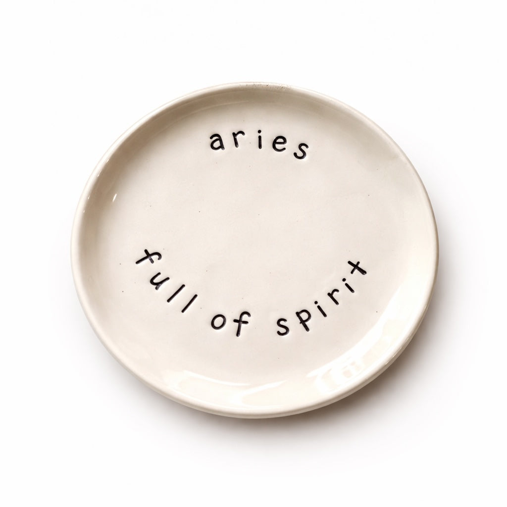 Handmade Aries zodiac ceramic plate with full of spirit text in glazed earthenware
