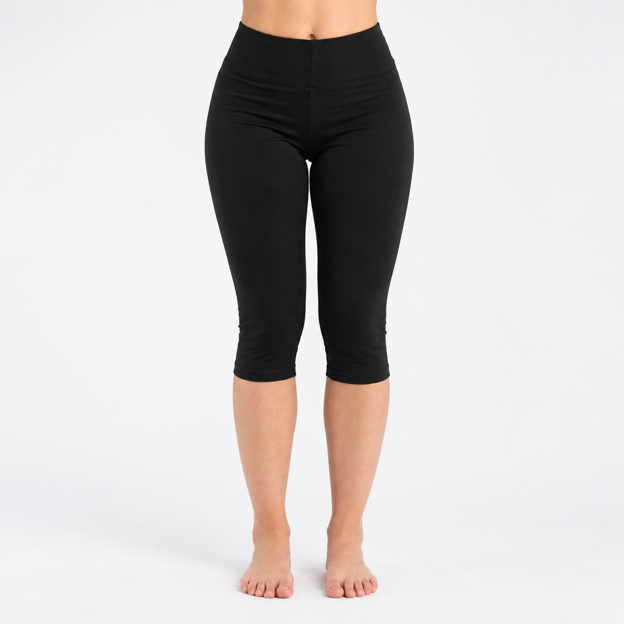 Front view of the Asana Capri Leggings in black, high waisted below the knee yoga pants by Luna & Soul