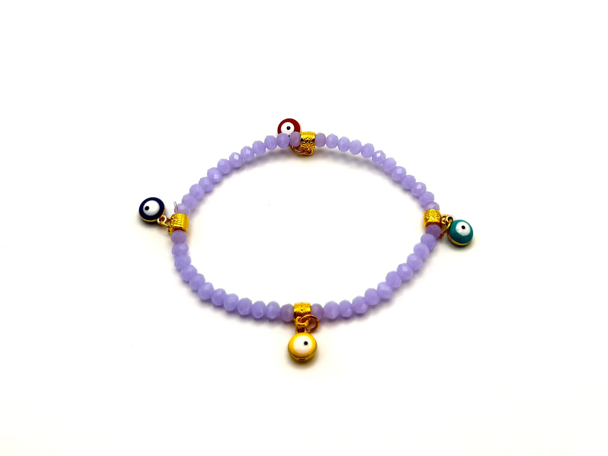 Beaded crystal Mati evil eye bracelet in Lavender with gold plated accents.