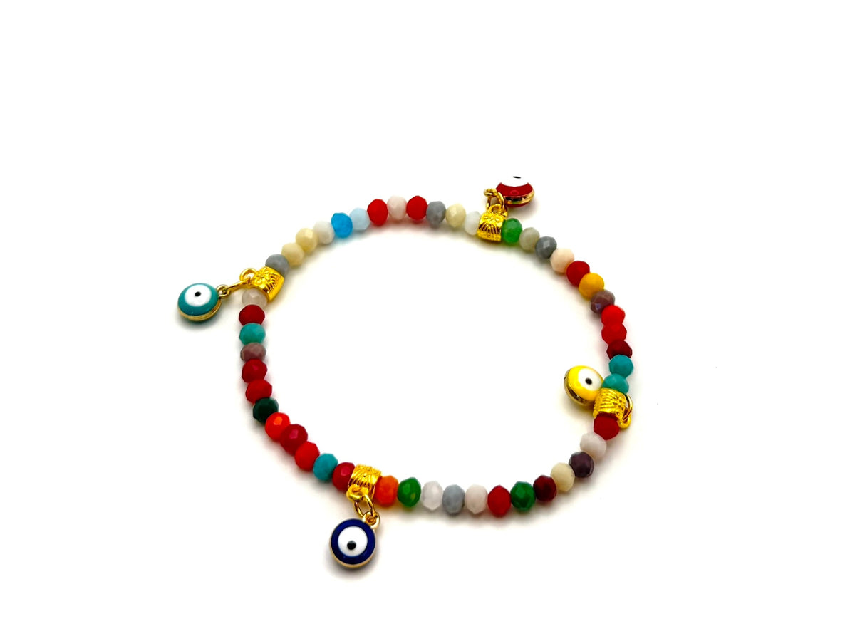 Beaded crystal Mati evil eye bracelet in Multi Bright with gold plated accents.