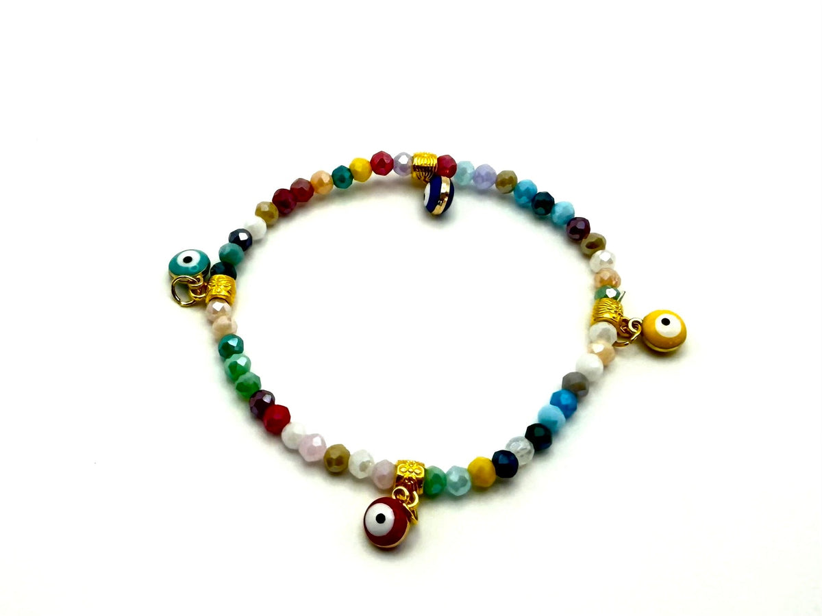 Beaded crystal Mati evil eye bracelet in Multi Pastel with gold plated accents.