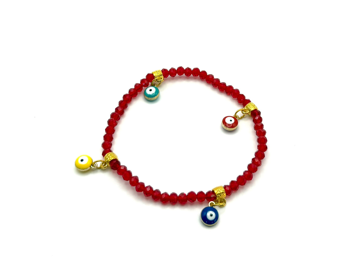 Beaded crystal Mati evil eye bracelet in Red with gold plated accents.