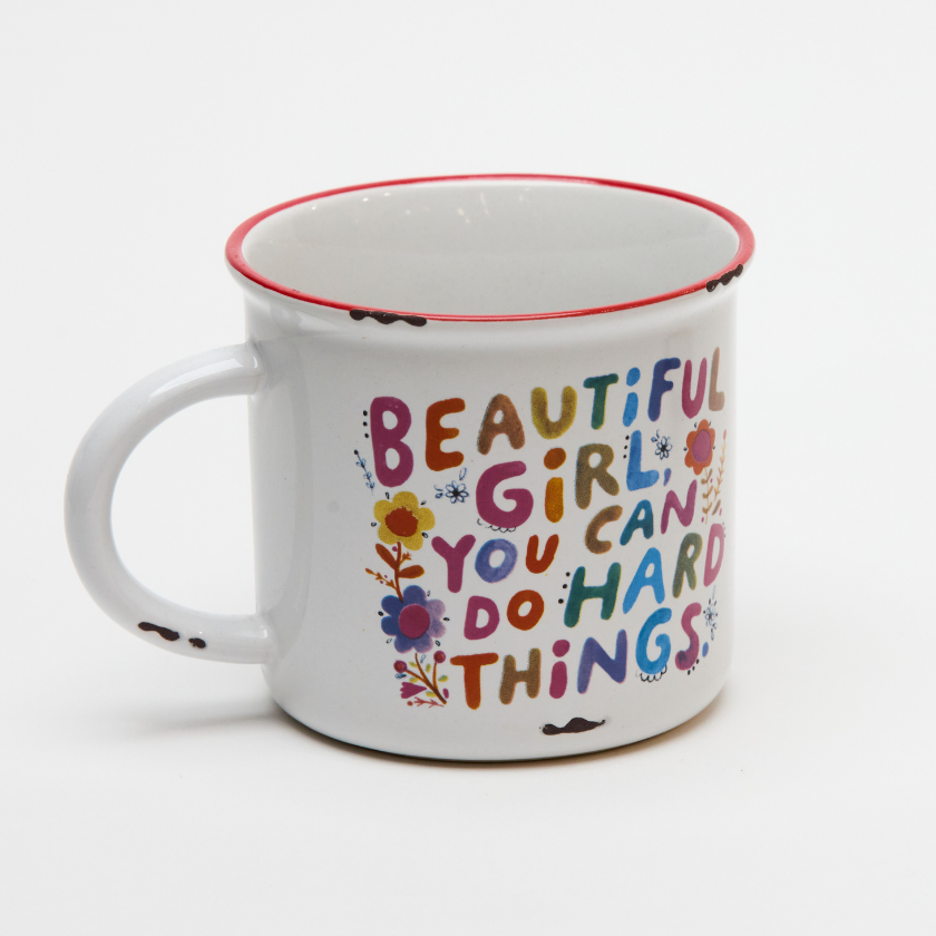 Ceramic camp-style mug with colourful quote “Beautiful girl, you can do hard things” — a mindful and empowering gift from Luna & Soul.