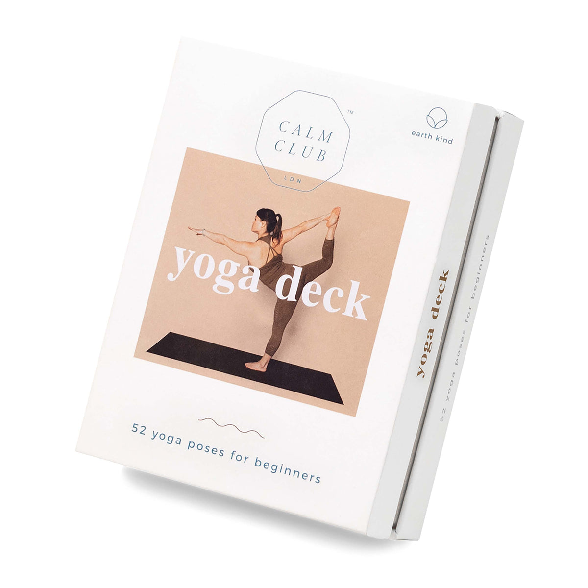 Calm Club Yoga Deck box featuring woman in yoga pose with 52 cards for beginners