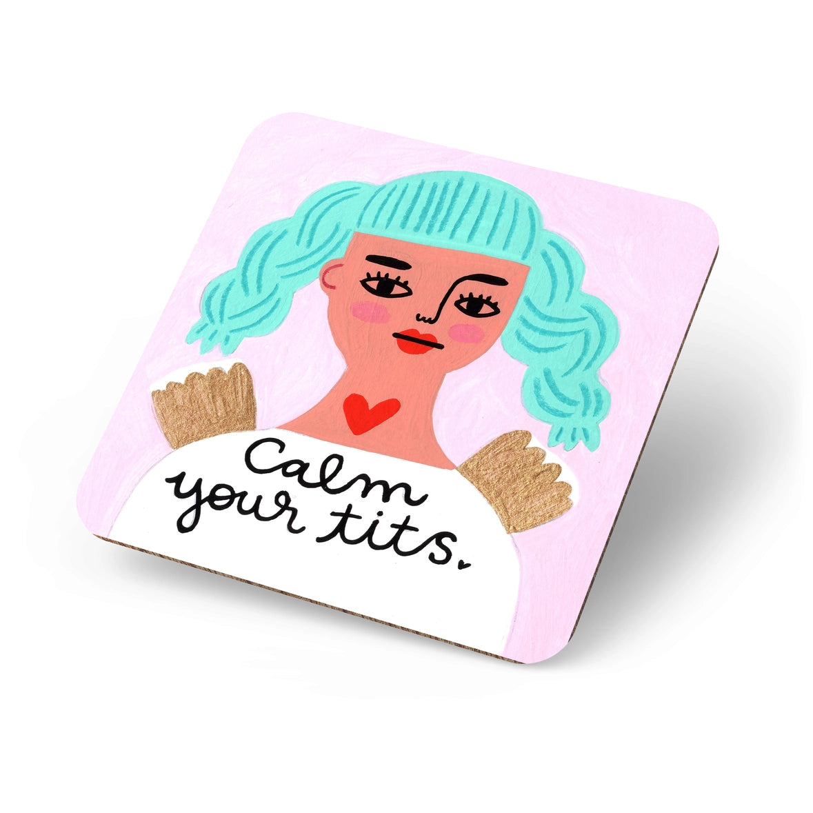 Calm Your Tits Grumpy Angel Coaster – funny illustrated teal-haired angel on pink background.