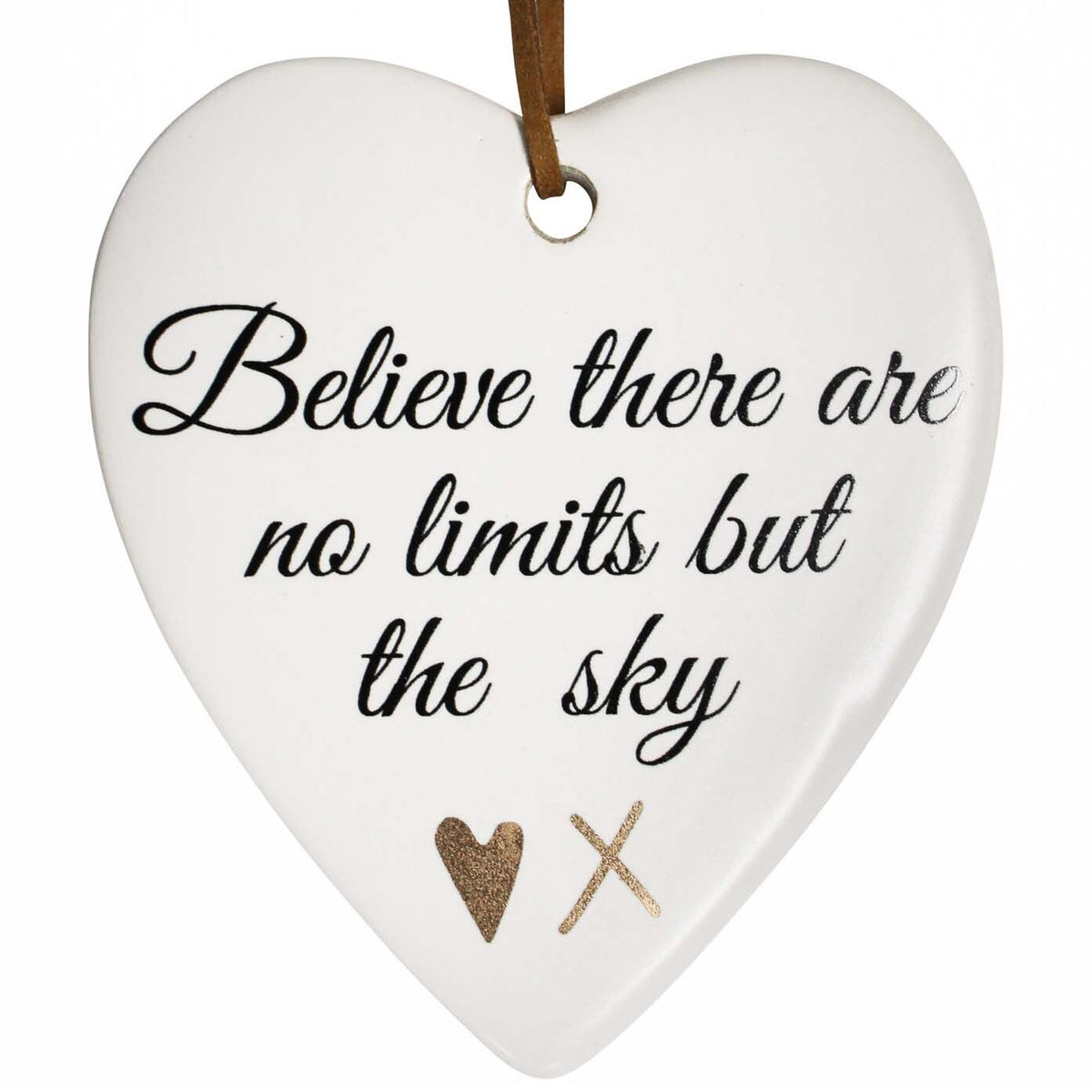 White ceramic hanging heart with inspirational quote and brown hanger