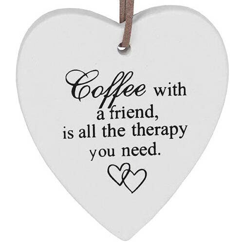 White ceramic hanging heart with inspirational quote coffe with a friend, is all the therapy you need