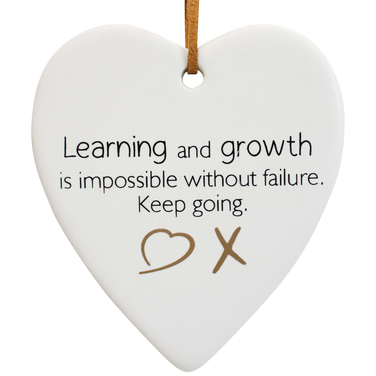 White ceramic hanging heart with inspirational quote and brown hanger