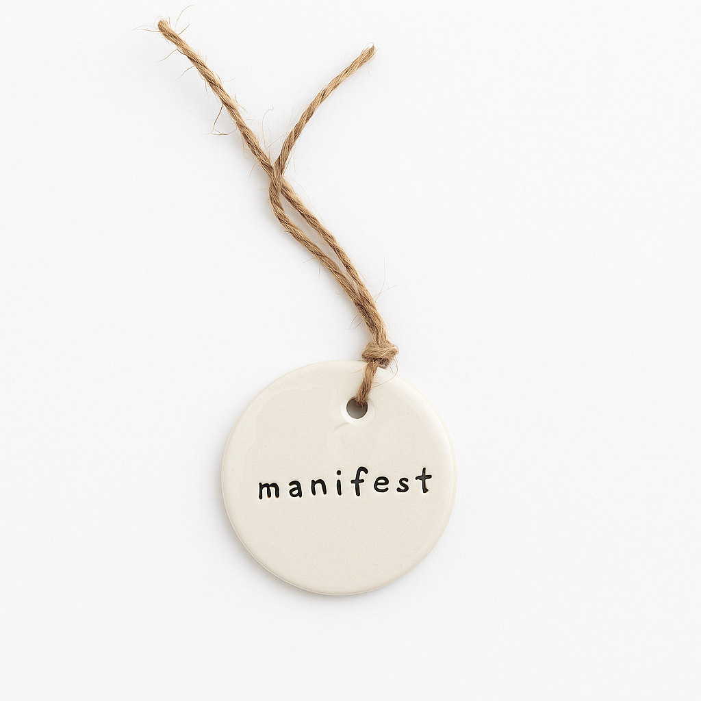 Ceramic tag with the word Manifest symbolising intention and manifestation.