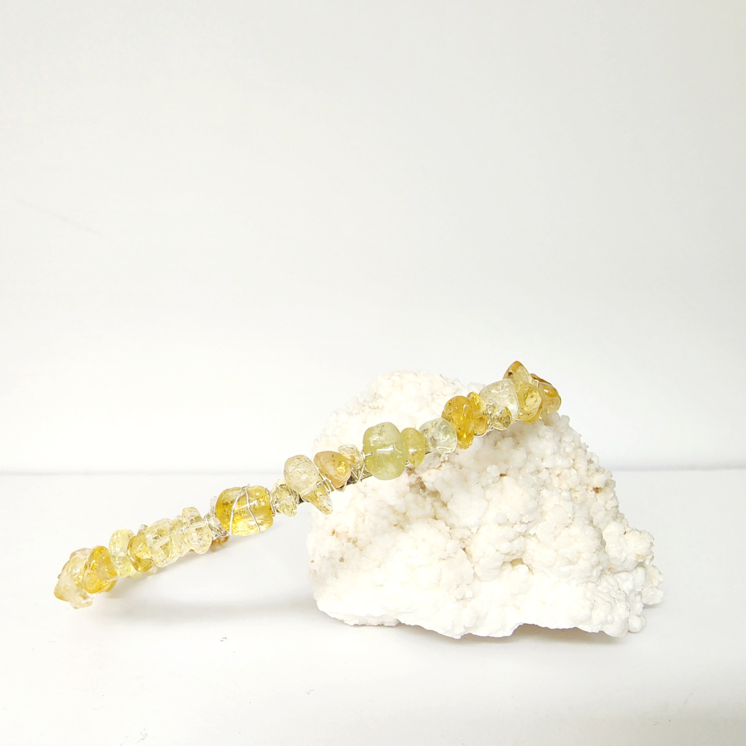 Citrine crystal chip headband with gold tone wire wrapping, yellow gemstone accessory for positivity and motivation