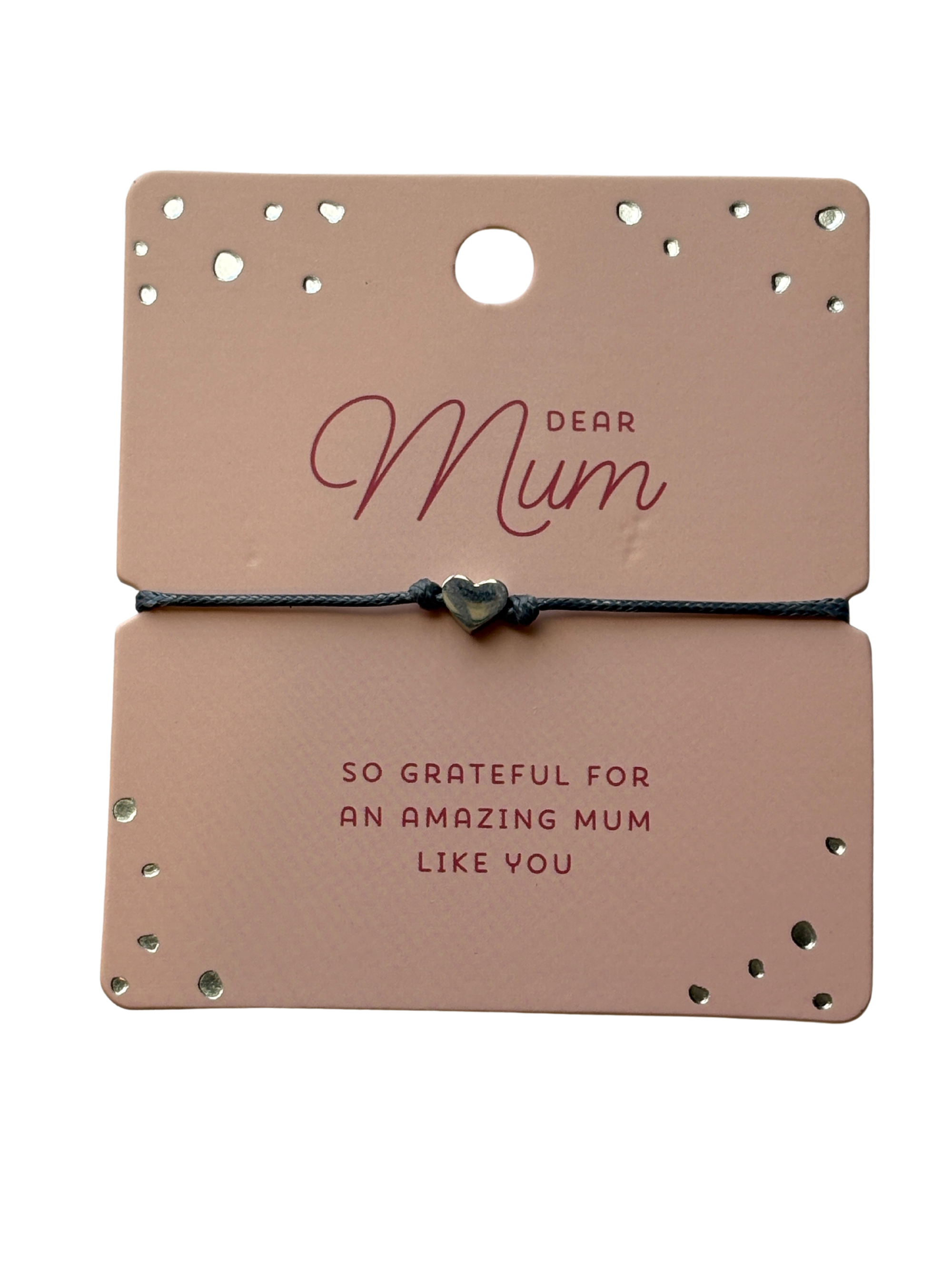 Dear Mum string bracelet with heart charm on peach card