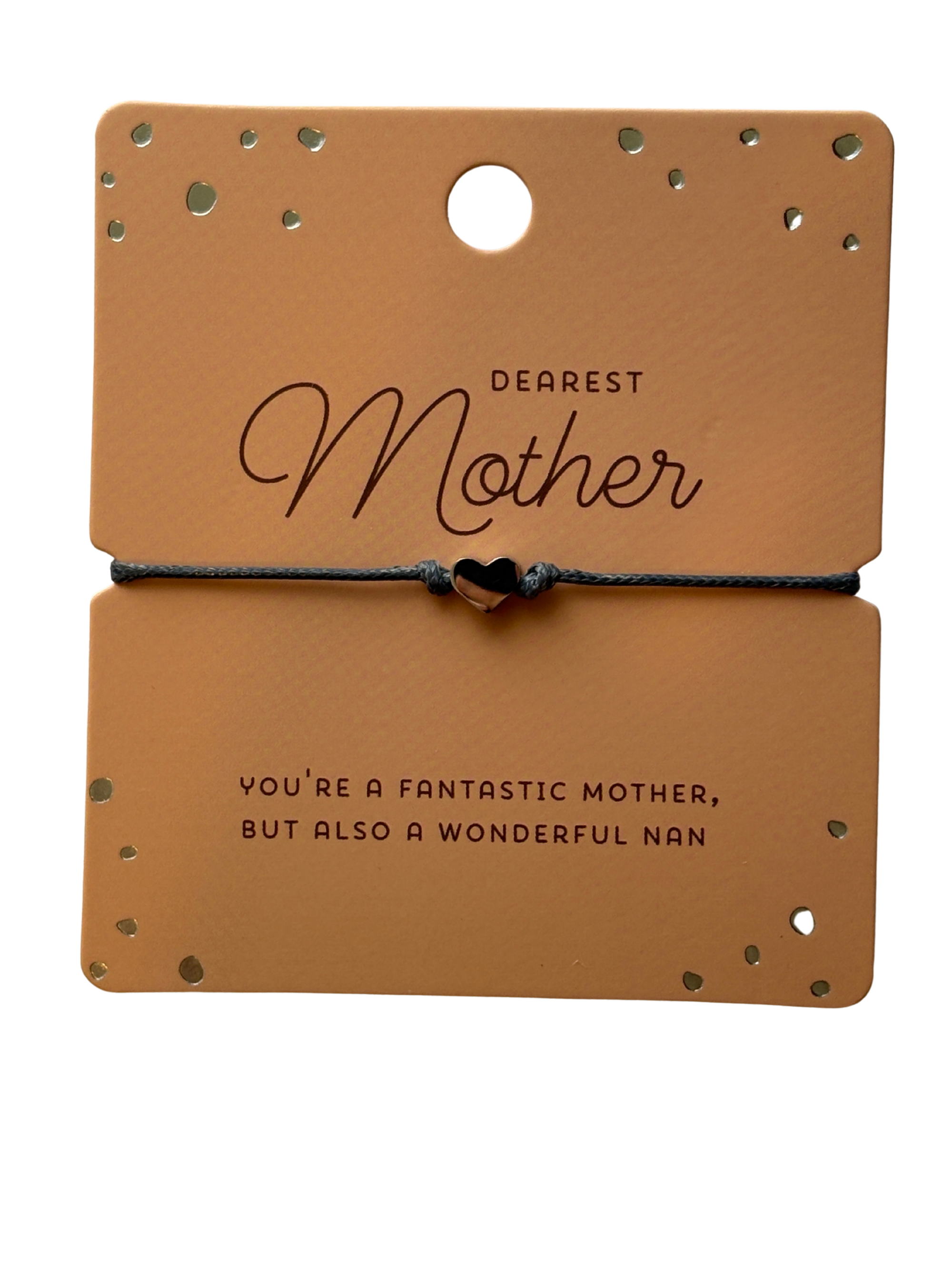 Dearest Mother string bracelet with heart charm on message card