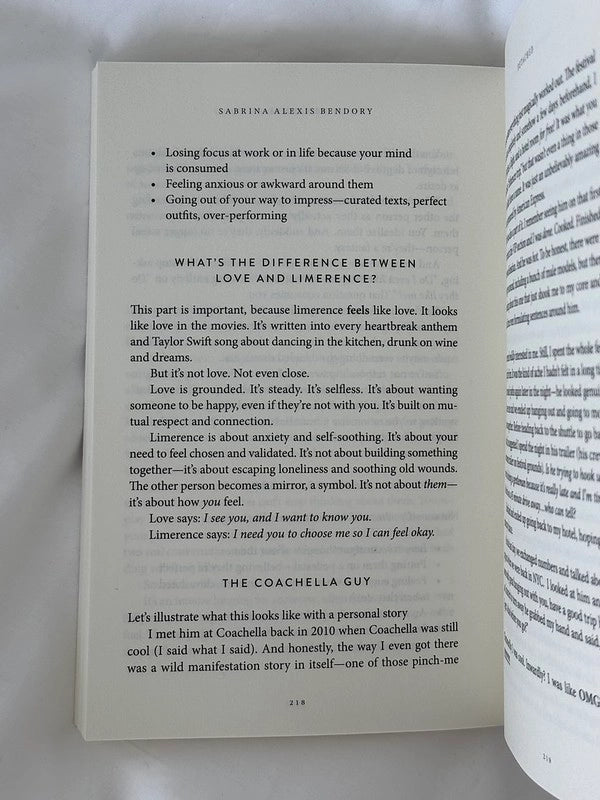 nside pages of Detached by Sabrina Alexis Bendory showing reflections on love and emotional awareness.