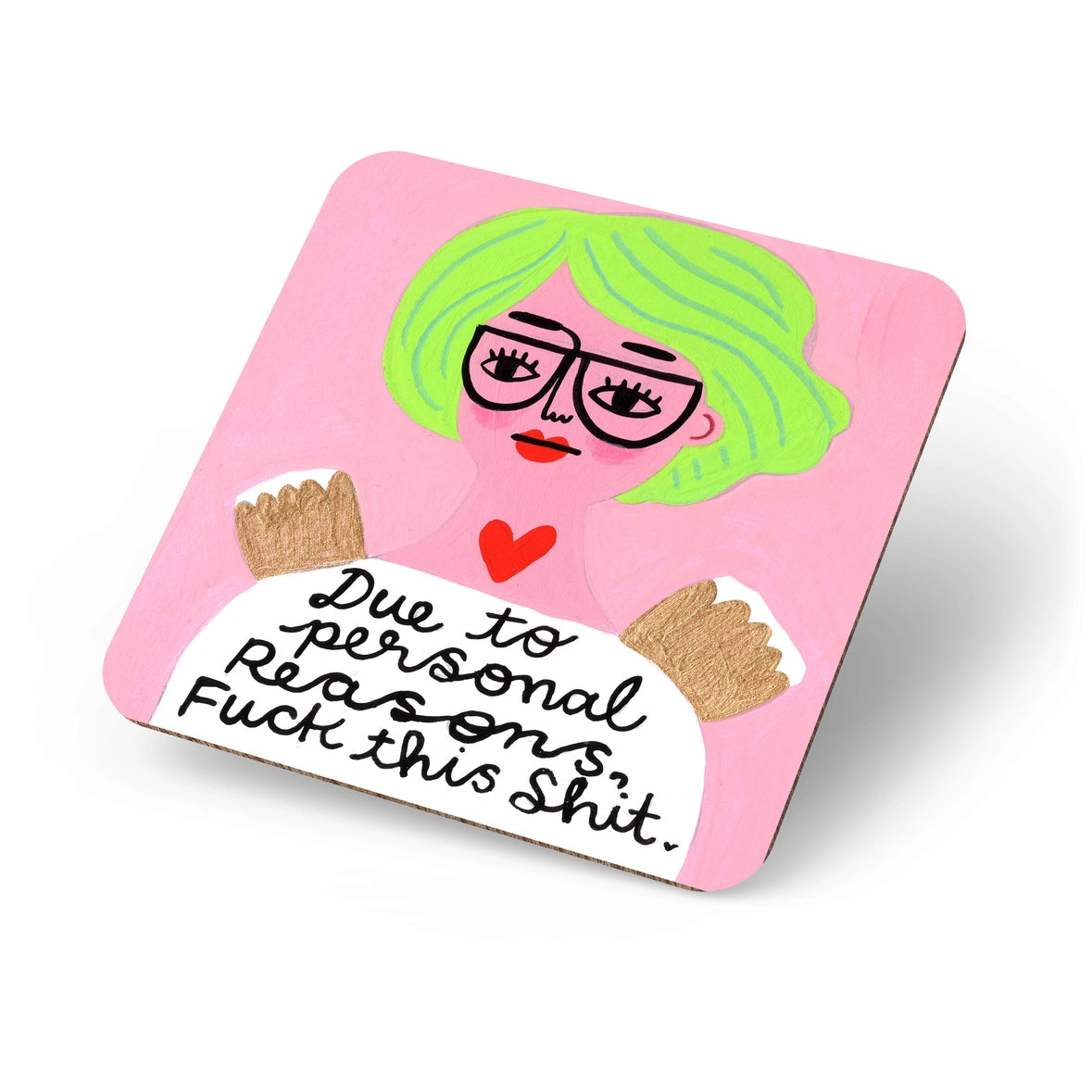 Due To Personal Reasons F** This Shit Grumpy Angel Coaster* – funny lime-haired angel on pink background.