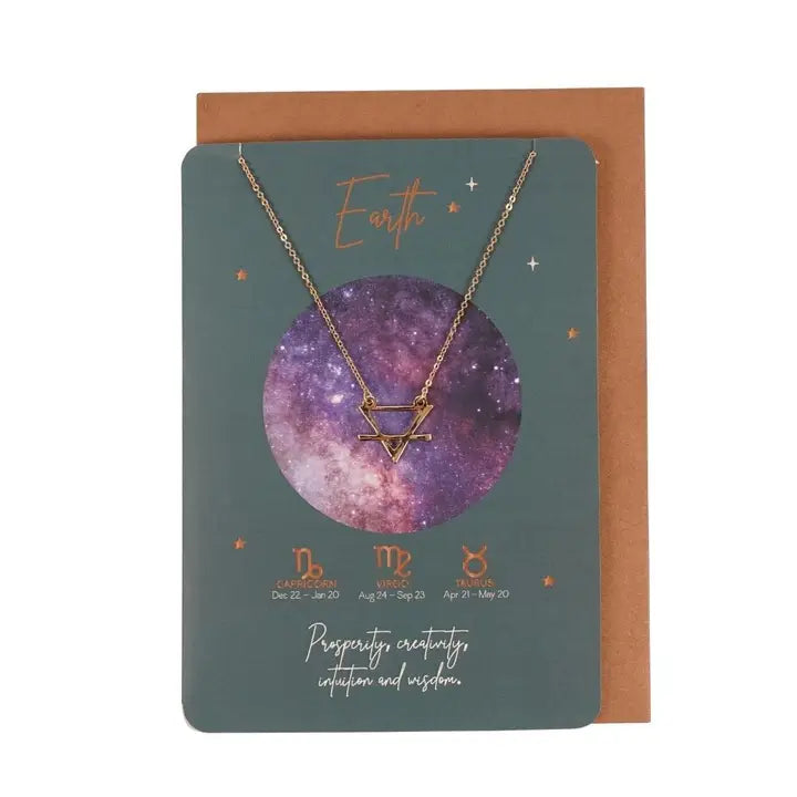 Earth sign necklace for Taurus, Virgo, and Capricorn on matching astrology greeting card with envelope