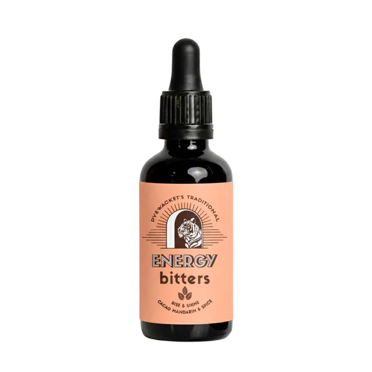 Bottle of Energy Bitters herbal tincture with dropper top and orange label on a white background.