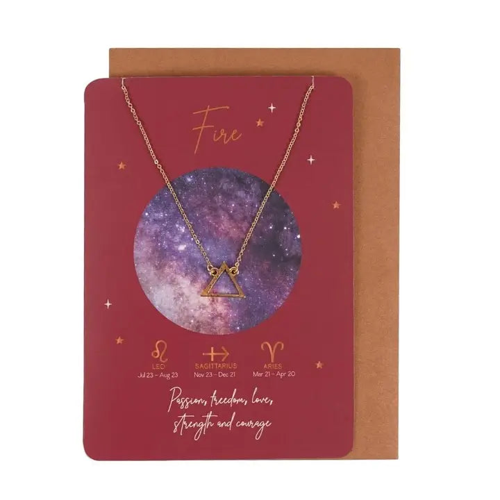Fire sign necklace for Aries, Leo, and Sagittarius on matching astrology greeting card with envelope

