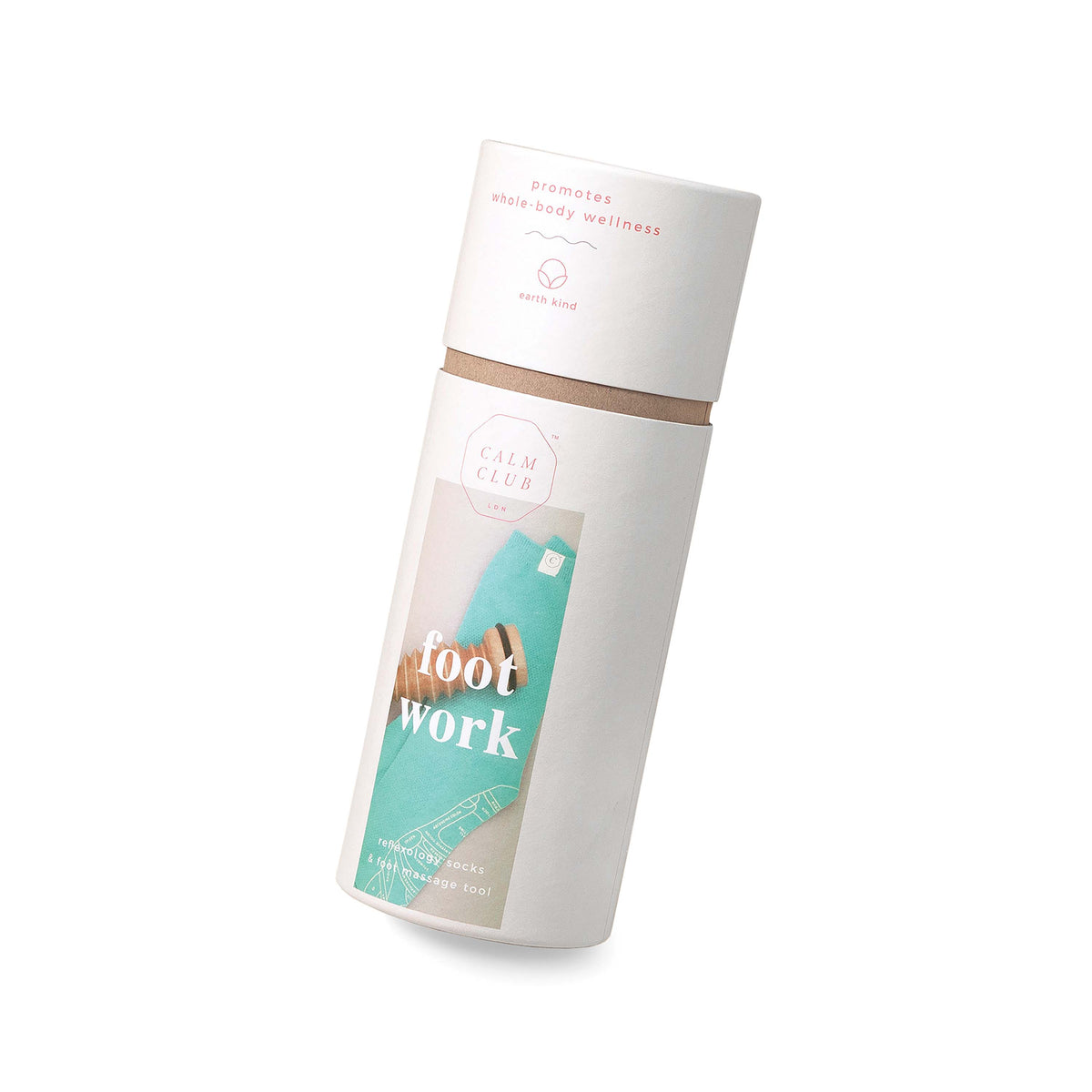 Calm Club Foot Work Reflexology Kit in cylindrical eco packaging with socks and wooden roller inside