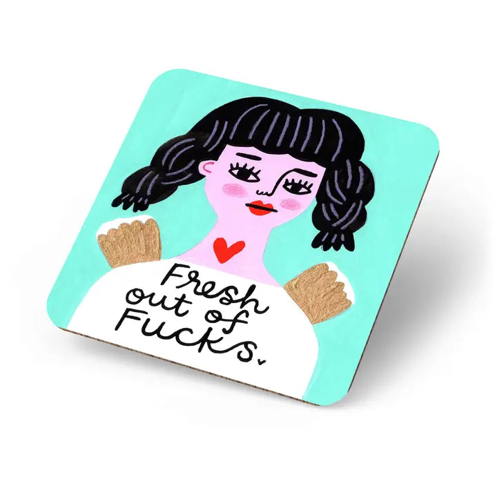 Fresh Out of F**s Grumpy Angel Coaster* – funny black-haired angel on aqua background.