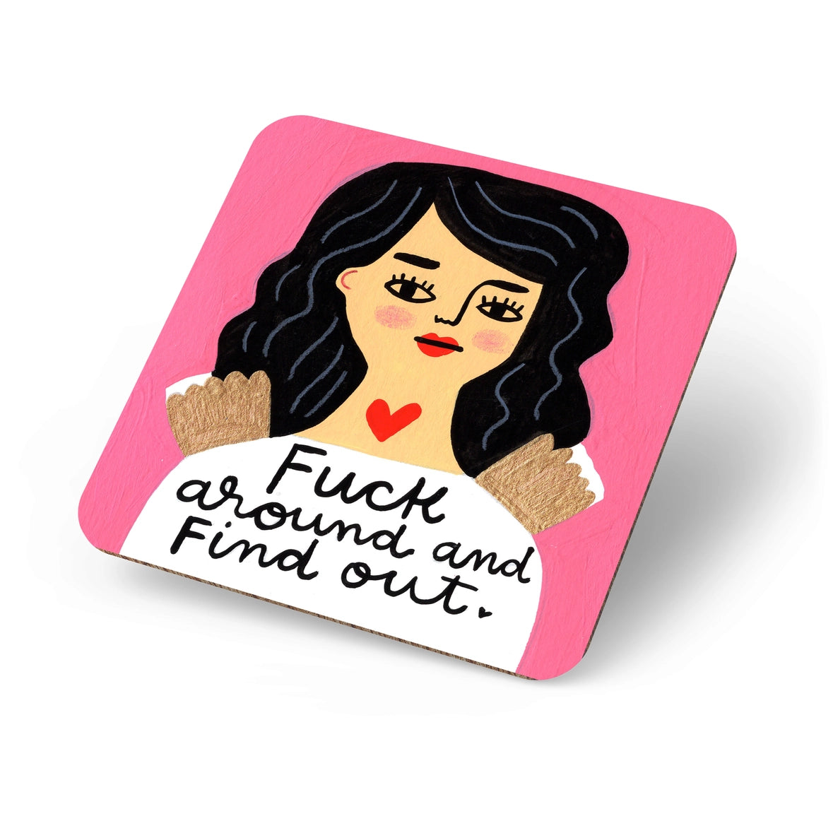 Fuck Around and Find Out Grumpy Angel Coaster – funny black-haired angel on pink background.