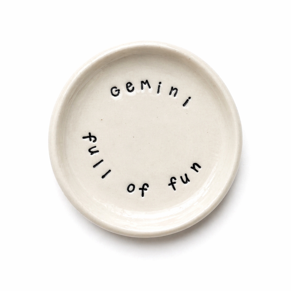 Handmade Gemini zodiac ceramic plate in glazed earthenware clay with full of fun text