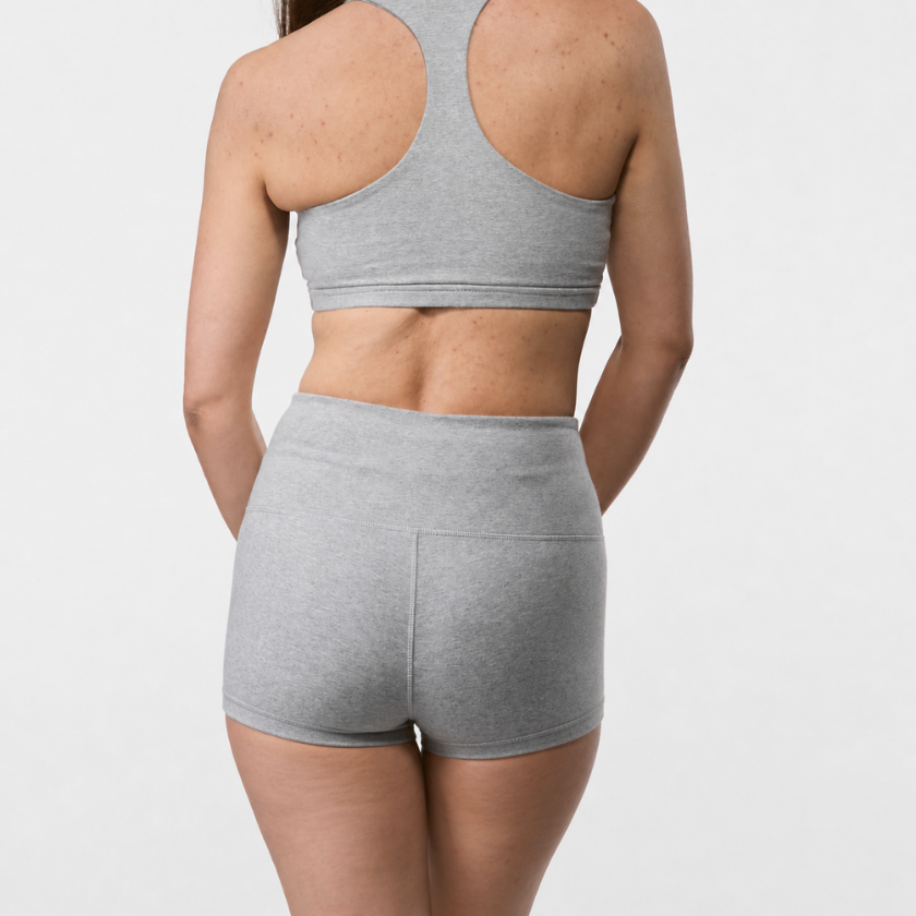 Back view of grey  high waisted cotton hot pants yoga shorts with sculpting fit