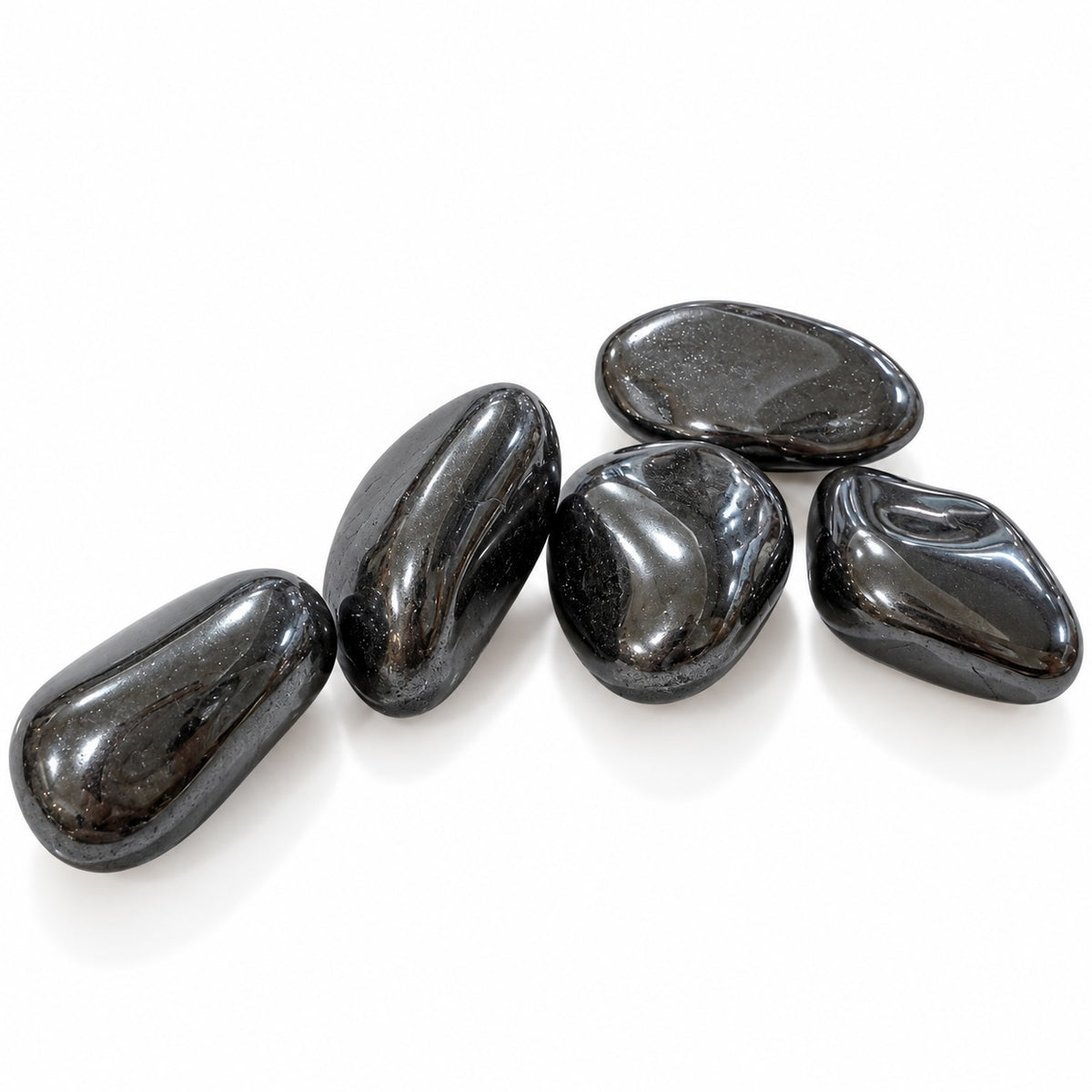 Hematite tumble stone with dark metallic grey appearance.