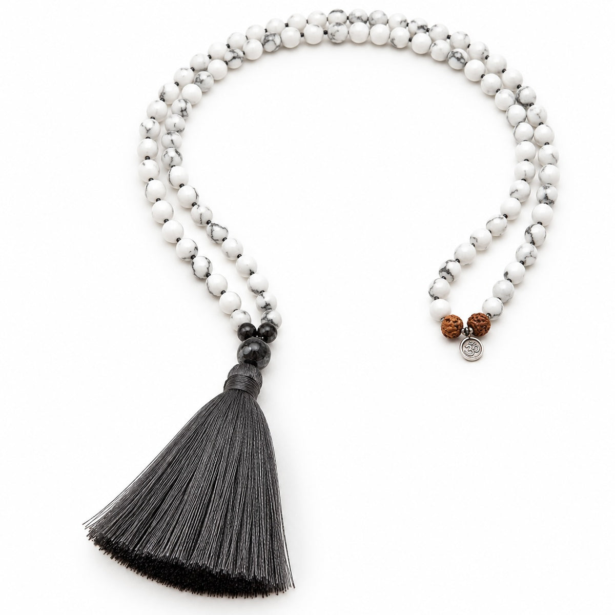 Hand-knotted Howlite and Labradorite mala necklace with 108 gemstone beads, sterling silver AUM charm and cotton tassel.